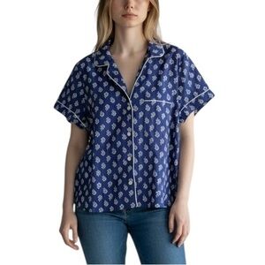 J. Crew Navy Blue Button Down Poplin Pajama Top with White Floral Pattern NWT M